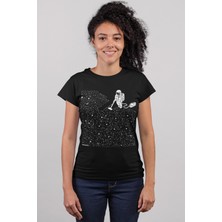 Rock&Roll Süpürgeli Astronot Siyah Kısa Kollu Kadın T-Shirt