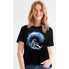 Rock&Roll Galaktik Sörfcü Siyah Kısa Kollu Kadın T-Shirt