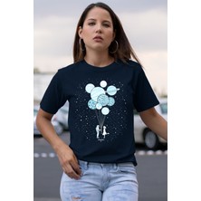 Rock&Roll Balon Gezegenler Lacivert Kısa Kollu Kadın T-Shirt