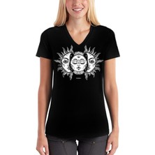 Rock&Roll Ay Güneş Siyah V Yaka Kısa Kollu Kadın T-Shirt