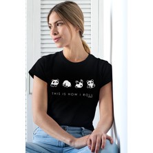 Rock&Roll Panda Taklası Siyah Kısa Kollu Kadın T-Shirt