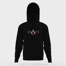 Tshirthane Creed Logosu Assassins Creed Tam Logosu Siyah Erkek Kapüşonlu Sweatshirt Uzun Kol