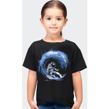 Rock&Roll Galaktik Sörfcü Siyah Kısa Kollu Kız Erkek Uniseks Çocuk T-Shirt