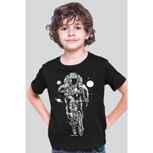 ROCKANDROLL Bisikletli Astronot Siyah Kısa Kollu Kız Erkek Uniseks Çocuk T-Shirt