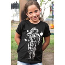 Rock&Roll Bisikletli Astronot Siyah Kısa Kollu Kız Erkek Uniseks Çocuk T-Shirt