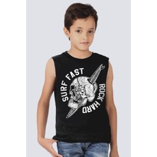Rock&Roll Sörf Kurukafa Siyah Kesik Kol | Kolsuz Kız Erkek Uniseks Çocuk T-Shirt | Atlet