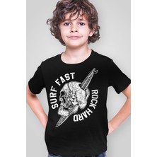 Rock&Roll Sörf Kurukafa Siyah Kısa Kollu Kız Erkek Uniseks Çocuk T-Shirt