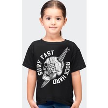 Rock&Roll Sörf Kurukafa Siyah Kısa Kollu Kız Erkek Uniseks Çocuk T-Shirt