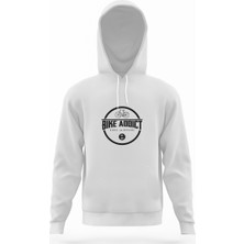 Tshirthane Bike Addict Logo Beyaz Erkek Kapüşonlu Sweatshirt Uzun Kol