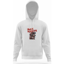 Tshirthane Iron Maiden Ed Force One Canavar Yolda Beyaz Erkek Kapüşonlu Sweatshirt Uzun Kol