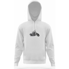 Tshirthane Motorsiklet Beyaz Erkek Kapüşonlu Sweatshirt Uzun Kol