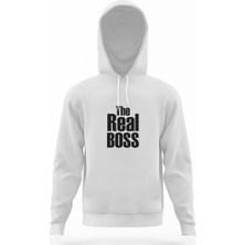 Tshirthane The Real Boss Beyaz Erkek Kapüşonlu Sweatshirt Uzun Kol