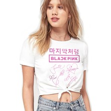 Rock&Roll Dört Imza Beyaz Kesik Crop Top Bağlı Kadın T-Shirt