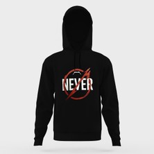 Tshirthane Metallica Never Baskılı Siyah Erkek Örme Kapşonlu Sweatshirt Uzun Kol