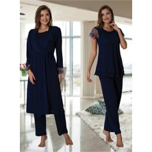 Kadın Lacivert Lohusa Sabahlıklı Pijama Takımı EFFORTT 2054
