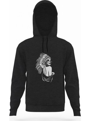 Tshirthane Skull Kızılderili Füme Antrasit Erkek Kapüşonlu Sweatshirt Uzun Kol