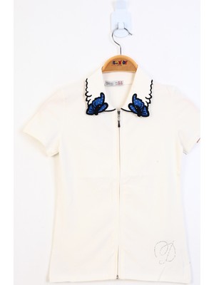 Toontoy Kız Çocuk Yakası Kelebek Nakışlı Tişört