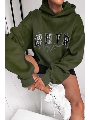 Madmext Mad Girls Haki Nakışlı Kapüşonlu Sweatshirt MG812