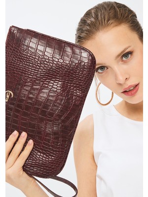 Deri Company Kadın Basic Clutch Çanta Kroko Timsah Desen Bordo 214002