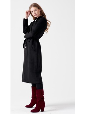 Vivencia Kurdela Nakış Detaylı Süet Trençkot - Siyah