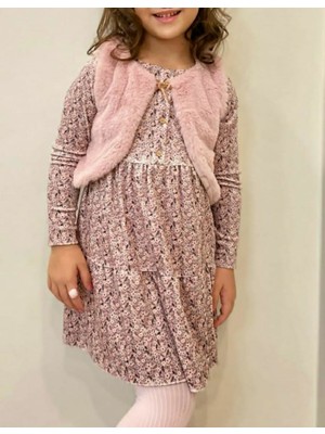 Riccotarz Kız Çocuk Peluş Yelekli Gülkurusu Kadife Elbise