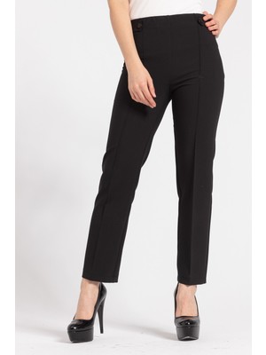 Jument Kadın Yüksek Bel Önü Dikişli Beli Apoletli Düğmeli Boru Paça Kumaş Pantolon-Siyah