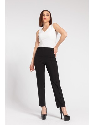 Jument Kadın Yüksek Bel Önü Dikişli Beli Apoletli Düğmeli Boru Paça Kumaş Pantolon-Siyah
