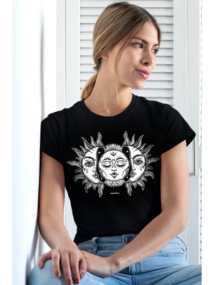 Rock&Roll Ay Güneş Siyah Kısa Kollu Kadın T-Shirt