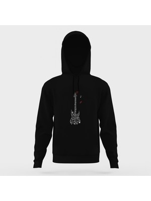 Tshirthane Guitar Melody Tipografi Siyah Erkek Kapüşonlu Sweatshirt Uzun Kol