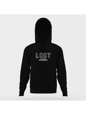 Tshirthane Pubg Loot Beyaz Siyah Erkek Kapüşonlu Sweatshirt Uzun Kol