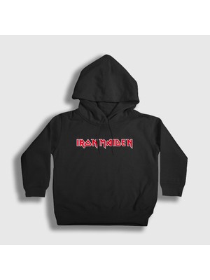 Presmono Unisex Çocuk Siyah Logo Iron Maiden Kapüşonlu Sweatshirt