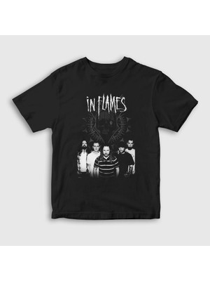 Presmono Unisex Çocuk Siyah Band In Flames T-Shirt
