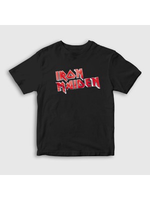Presmono Unisex Çocuk Siyah Logo V2 Iron Maiden T-Shirt