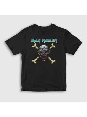 Presmono Unisex Çocuk Siyah Skull Iron Maiden T-Shirt