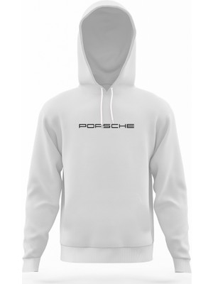 Tshirthane Araba Porsce Logo Beyaz Erkek Kapüşonlu Sweatshirt Uzun Kol