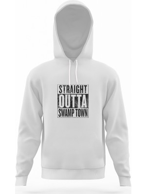 Tshirthane Pubg Straıght Outta Swamp Town Beyaz Erkek Kapüşonlu Sweatshirt Uzun Kol