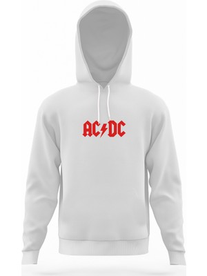 Tshirthane Acdc Logo Kırmızı Beyaz Erkek Kapüşonlu Sweatshirt Uzun Kol