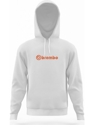 Tshirthane Brembo Logo Beyaz Erkek Kapüşonlu Sweatshirt Uzun Kol