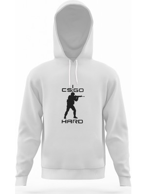 Tshirthane Cs Go Hard Beyaz Erkek Kapüşonlu Sweatshirt Uzun Kol