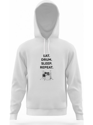 Tshirthane Eat Drum Sleep Repeat Beyaz Erkek Kapüşonlu Sweatshirt Uzun Kol