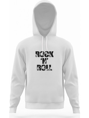 Tshirthane Rock'n Roll Rock Beyaz Erkek Kapüşonlu Sweatshirt Uzun Kol