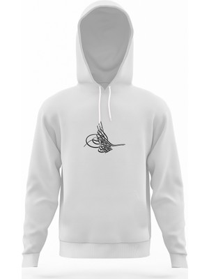 Tshirthane Tuğrası Ottoman Tughra Osmanli Tugrasi Logo Beyaz Erkek Kapüşonlu Sweatshirt Uzun Kol
