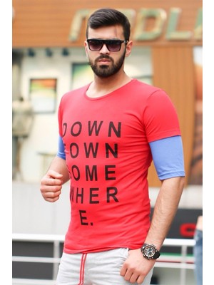 Madmext Baskılı Kol Detaylı Kırmızı Tişört MAD4010