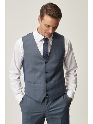 ALTINYILDIZ CLASSICS Erkek Lacivert-Mavi Slim Fit Desenli Lacivert-Mavi Yünlü Su Geçirmez Nano Yelekli Takım Elbise