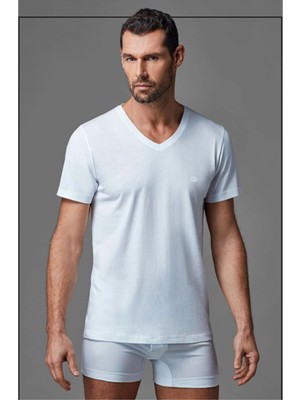 Dagi Erkek 2'li Beyaz V Yaka Penye Kısa Kol Atlet Tişört -1040