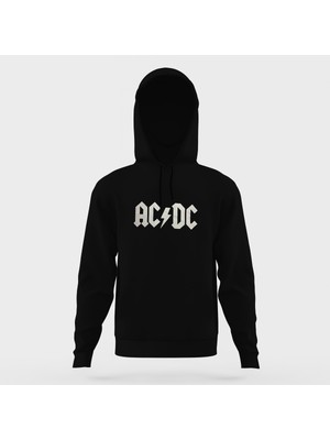 Tshirthane Ac-Dc Baskılı Siyah Erkek Örme Kapşonlu Sweatshirt Uzun Kol