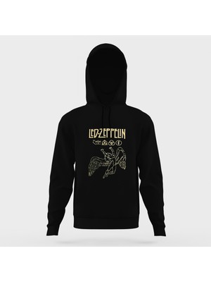 Tshirthane Led-Zeppelin Baskılı Siyah Erkek Örme Kapşonlu Sweatshirt Uzun Kol