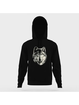 Tshirthane Kurt Bozkurt Wolf Baskılı Siyah Erkek Örme Kapşonlu Sweatshirt Uzun Kol