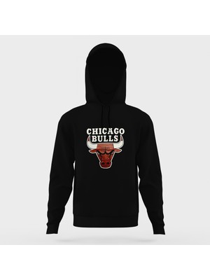 Tshirthane Chicago Bulls Basketboll Baskılı Siyah Erkek Örme Kapşonlu Sweatshirt Uzun Kol