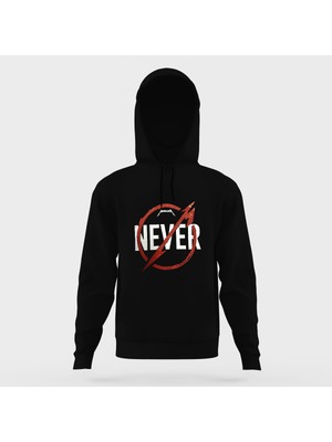 Tshirthane Metallica Never Baskılı Siyah Erkek Örme Kapşonlu Sweatshirt Uzun Kol